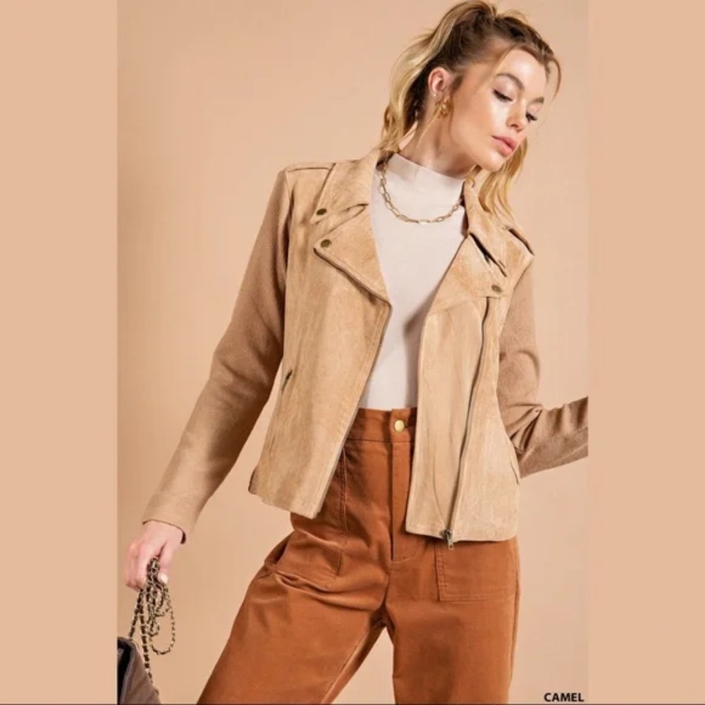 Kori NWT Faux Suede And Knit Moto Jacket In Camel Size M